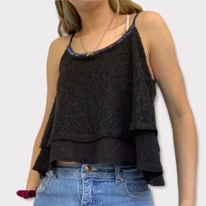 Black Lace Layered Beaded Tank Top